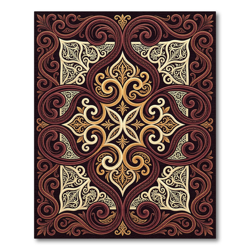 Rich Burgundy Swirls Gold Ornament Rug