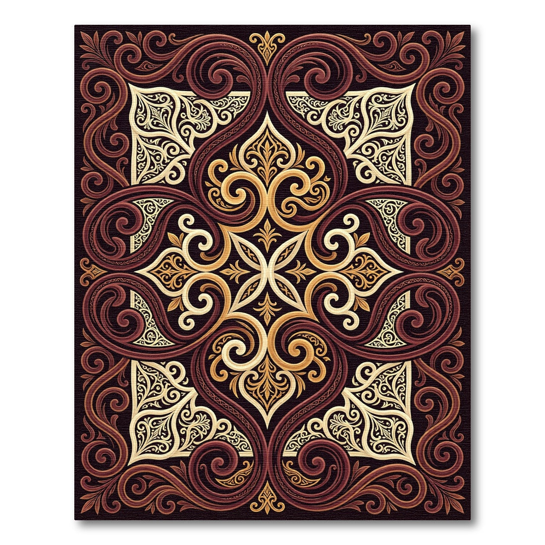 Rich Burgundy Swirls Gold Ornament Rug