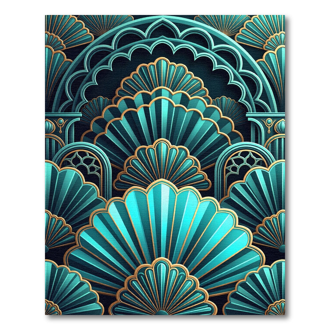 Teal Gold Art Deco Fan Layered Rug