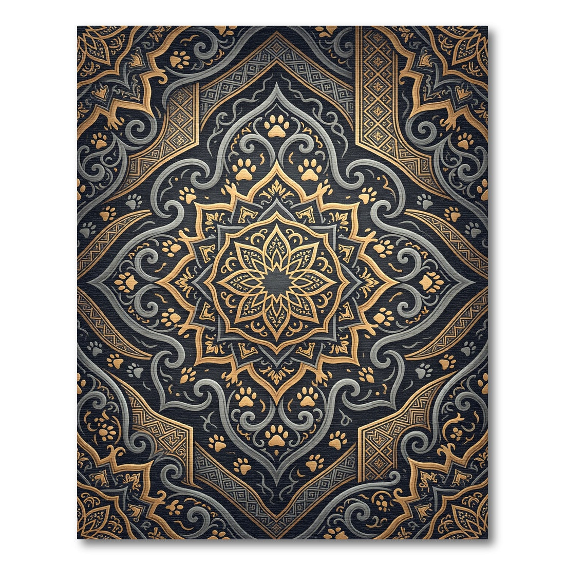 Ornate Golden Paw Medallion Midnight Tapestry Rug