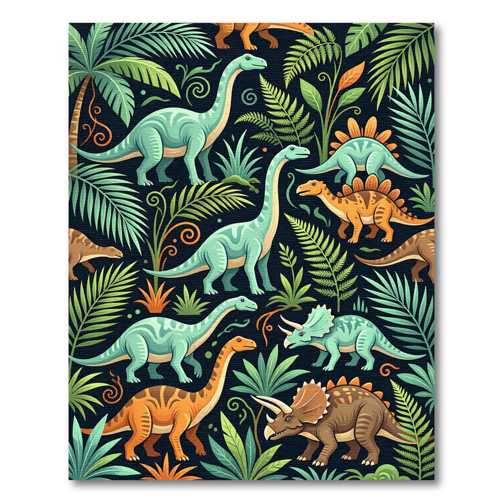 Vibrant Prehistoric Dinosaur Lush Jungle Foliage Rug