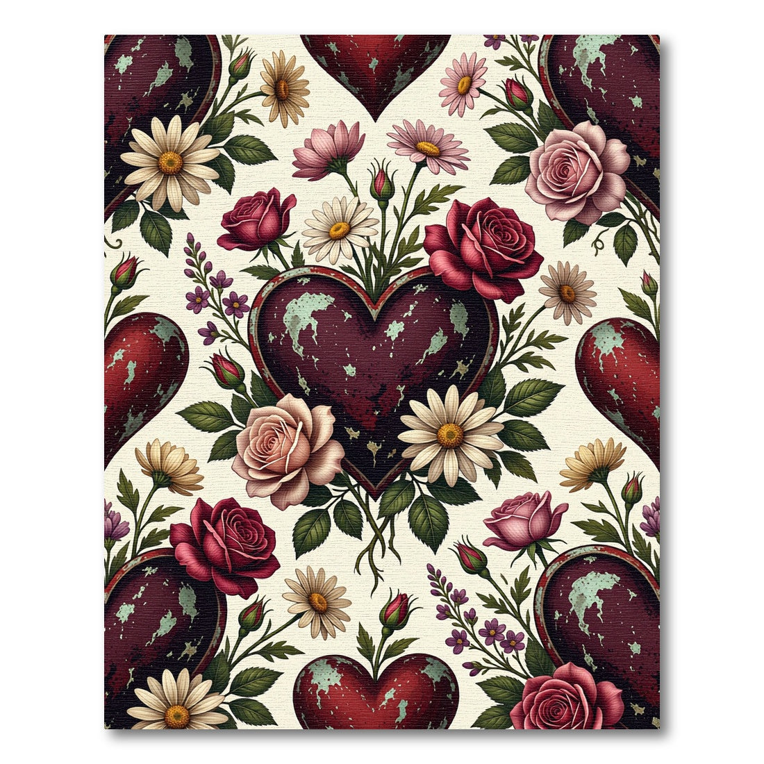 Distressed Antique Heart Floral Meadow Rug