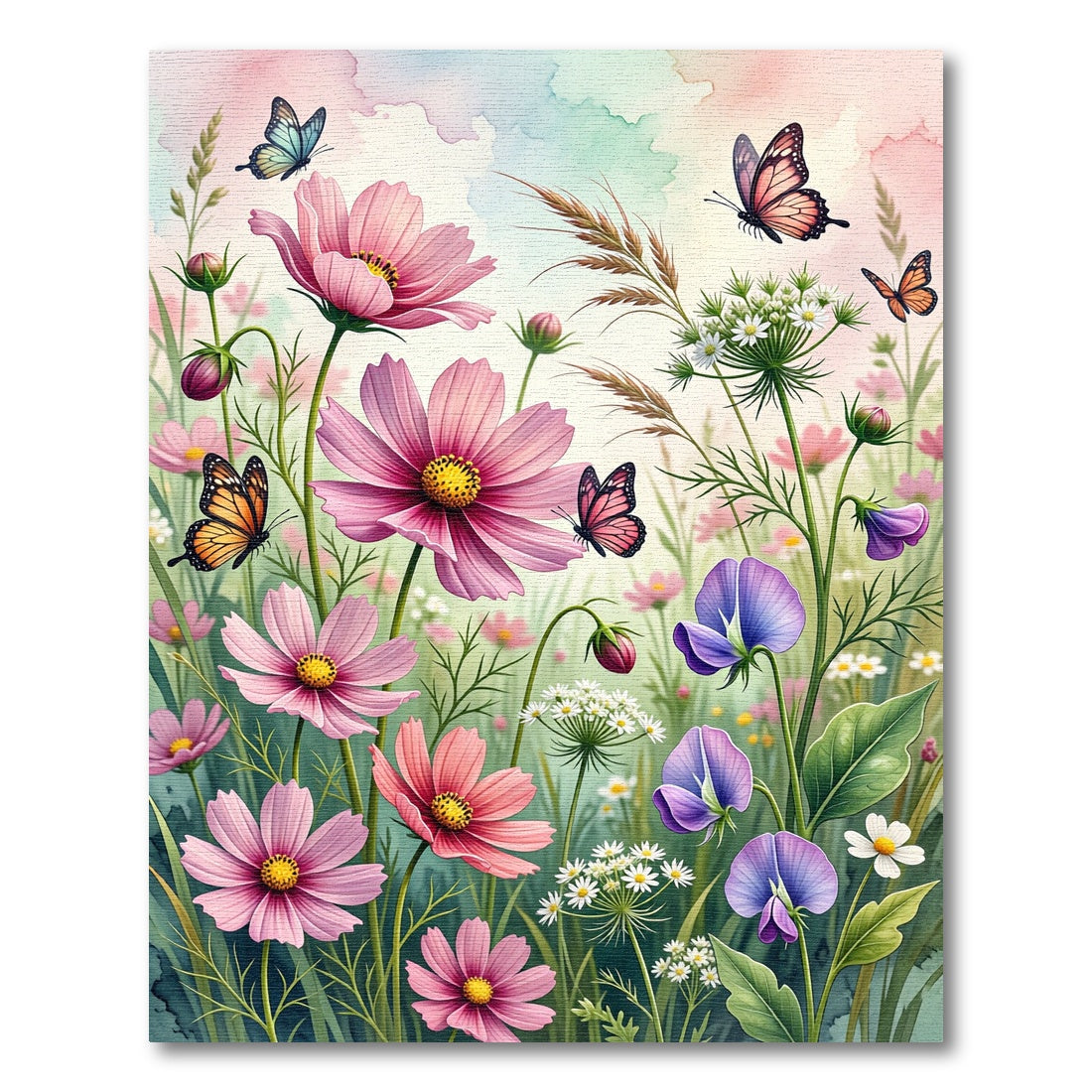 Whimsical Watercolor Pink Floral Butterfly Garden Rug
