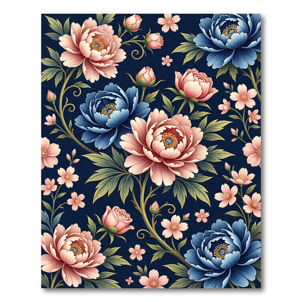 Elegant Navy Blue Peony Floral Tapestry Rug