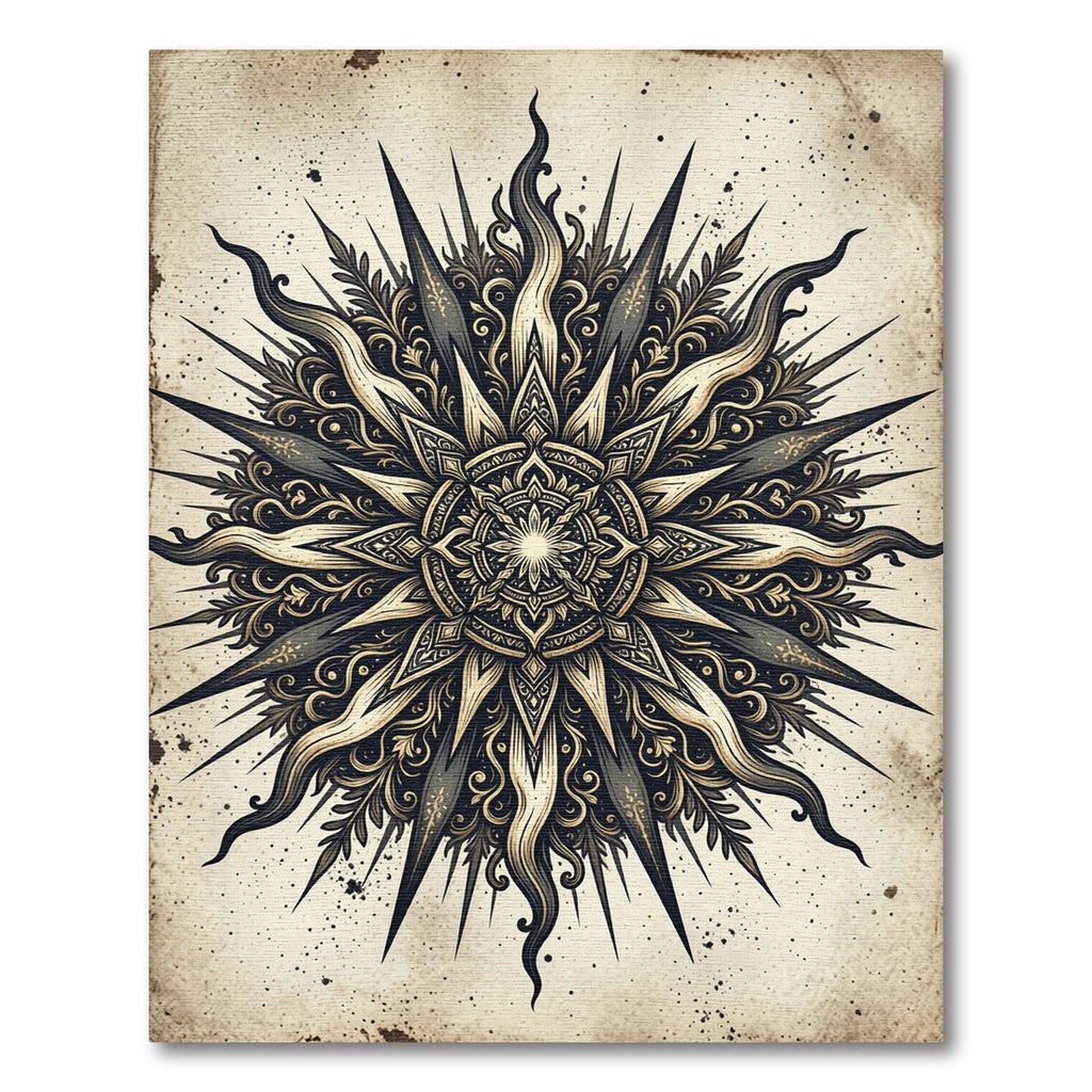 Antique Black Gold Sunburst Mandala Rug