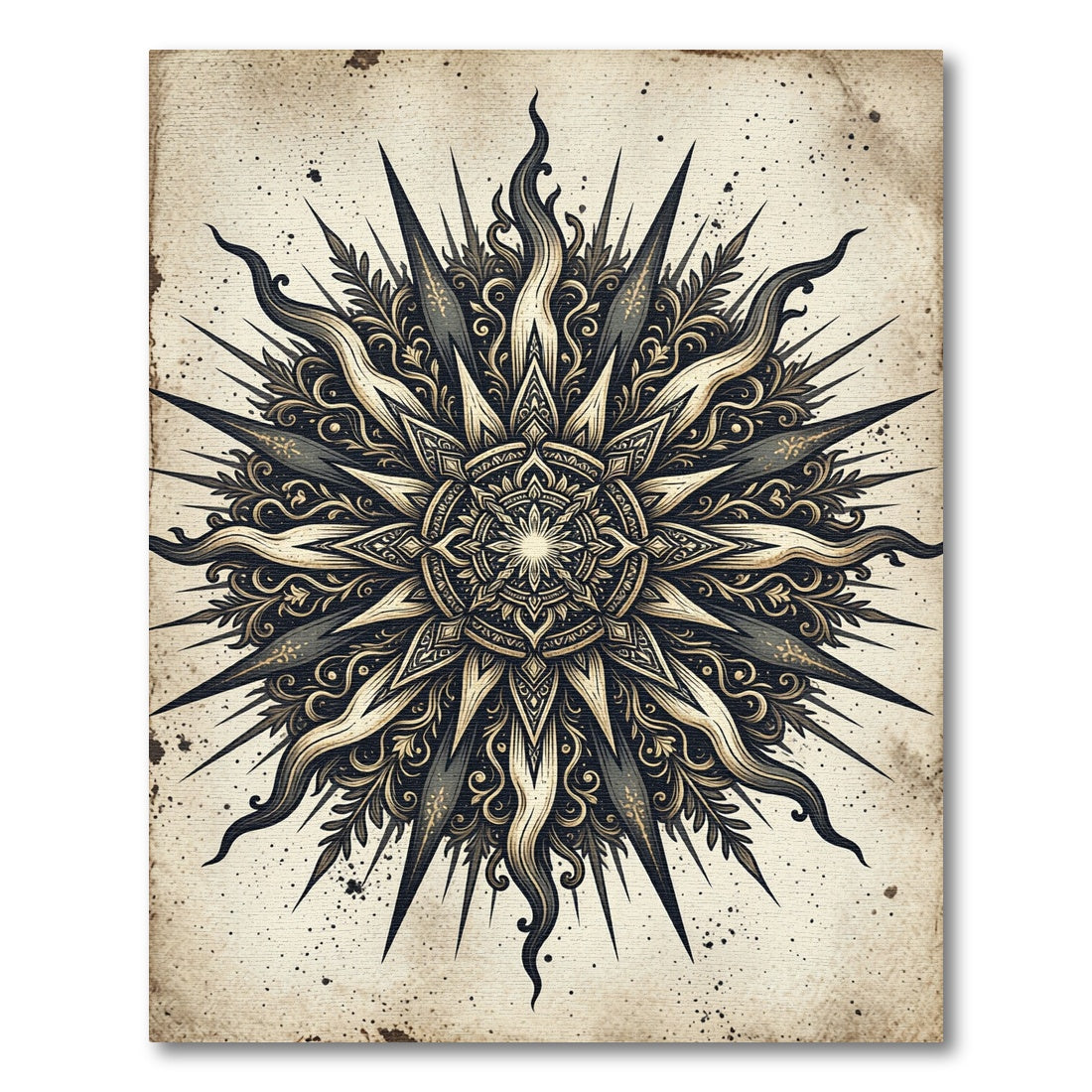 Antique Black Gold Sunburst Mandala Rug