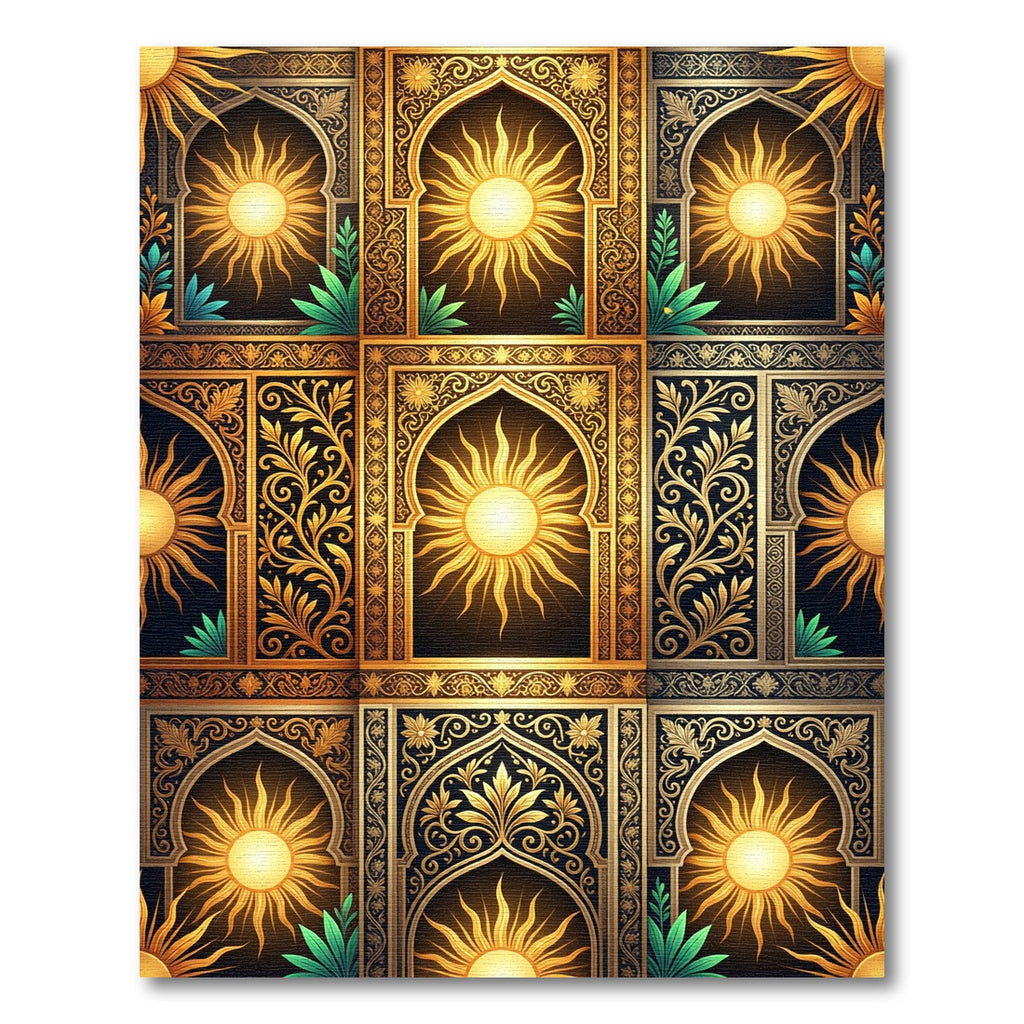 Golden Sun Arched Floral Ornate Grid Rug