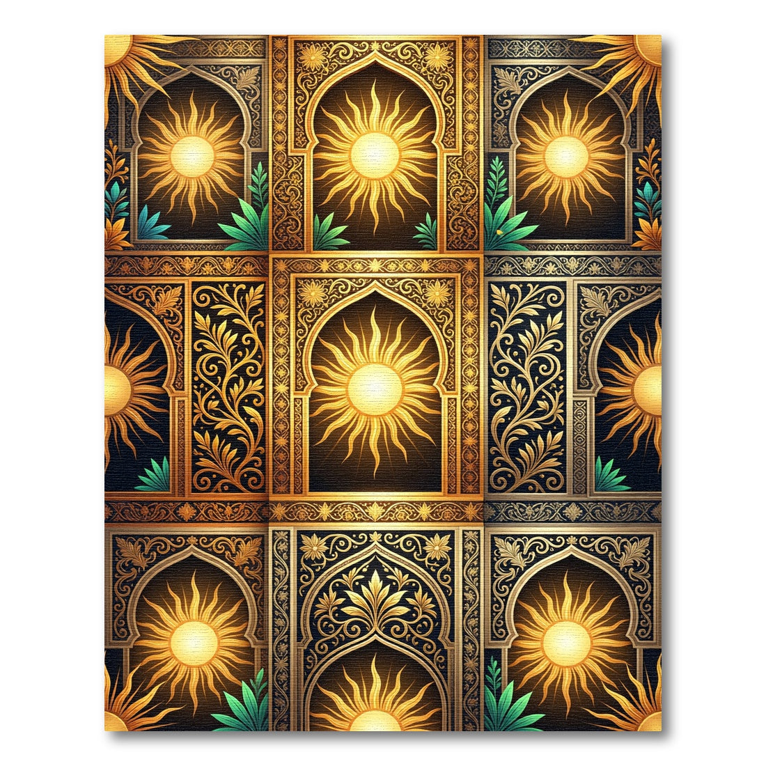 Golden Sun Arched Floral Ornate Grid Rug