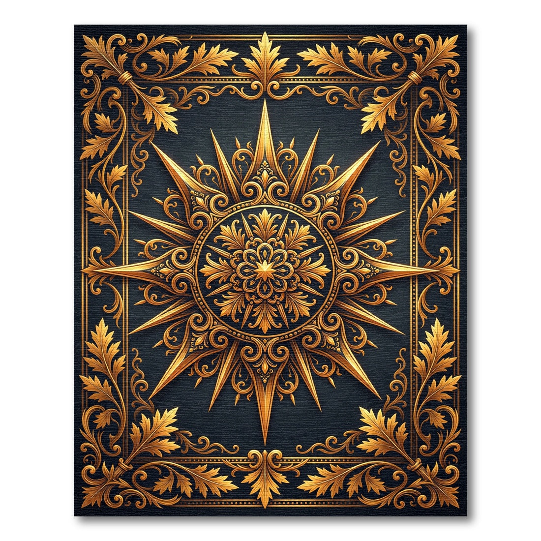 Ornate Golden Sunburst Filigree Medallion Rug