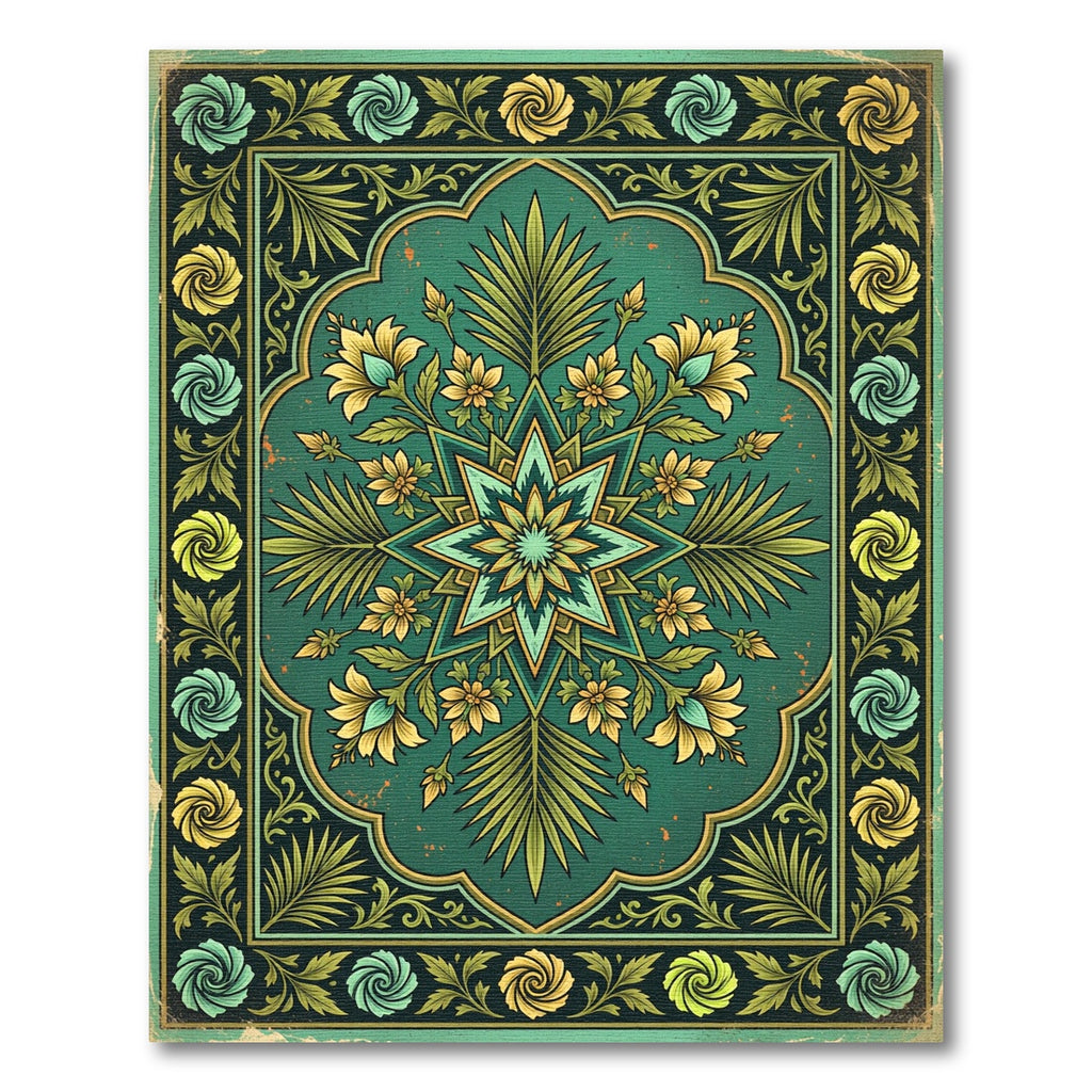 Vintage Emerald Golden Floral Star Rug