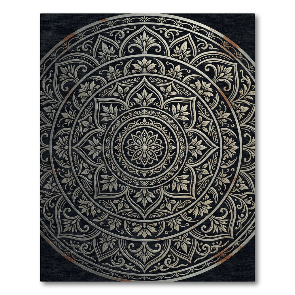 Ornate Metallic Silver Floral Medallion Rug