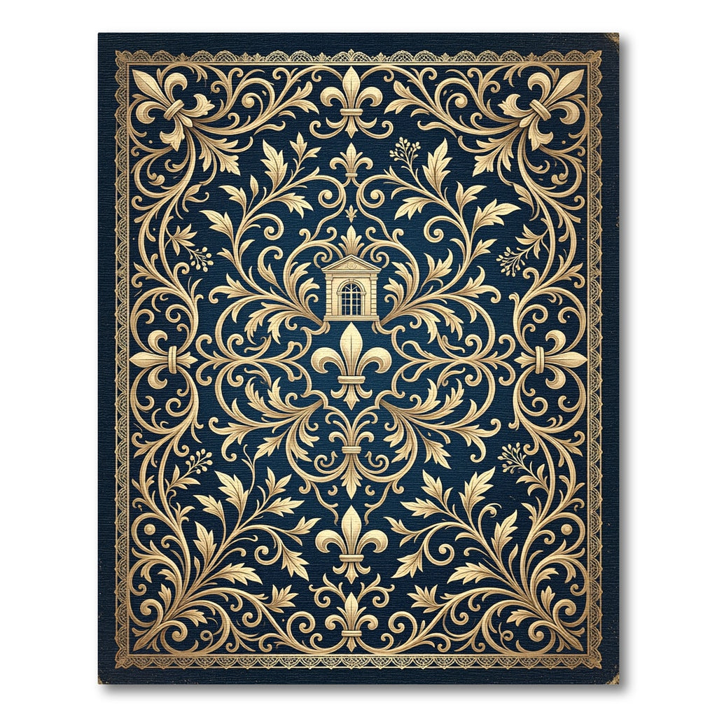 Ornate Gold Fleur de Lis Navy Rug