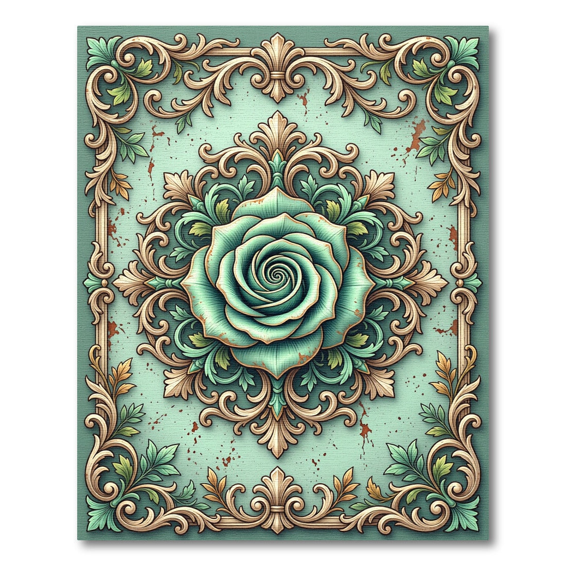 Sage Ornamental Rose Damask Medallion Rug