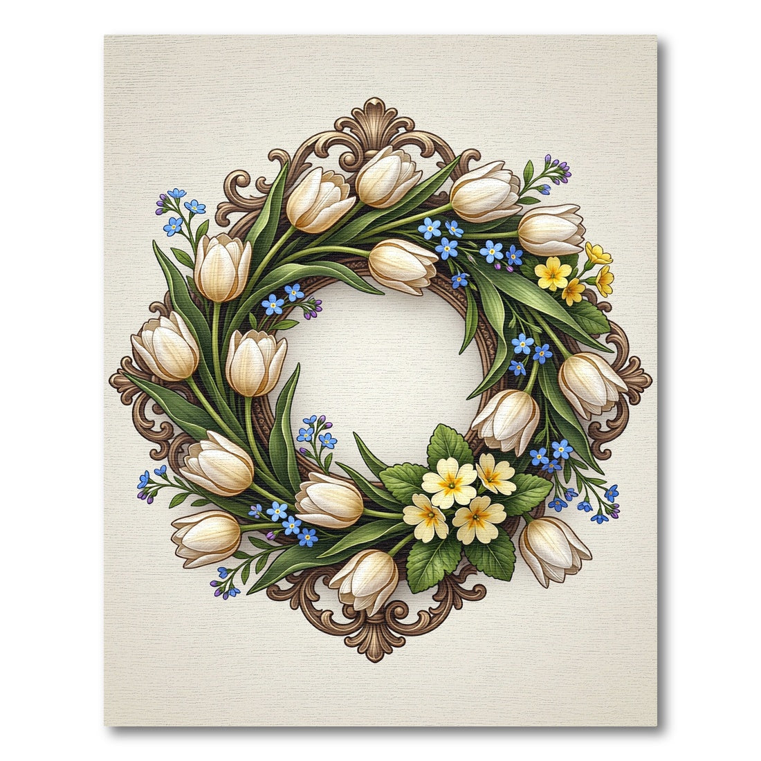 Cream Tulip and Primrose Oval Wreath Rug