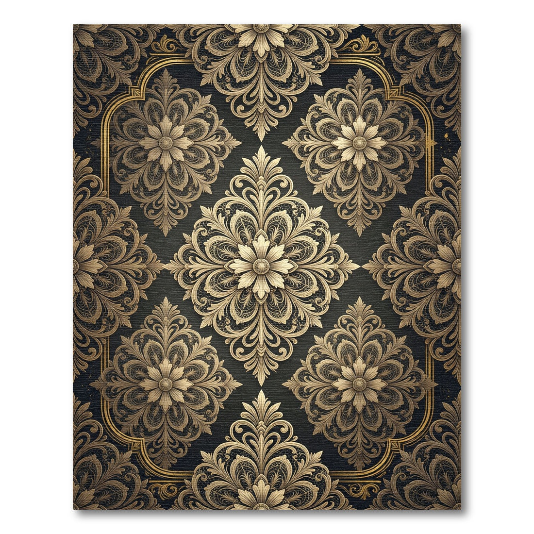 Ornate Gold Damask Charcoal Medallion Rug