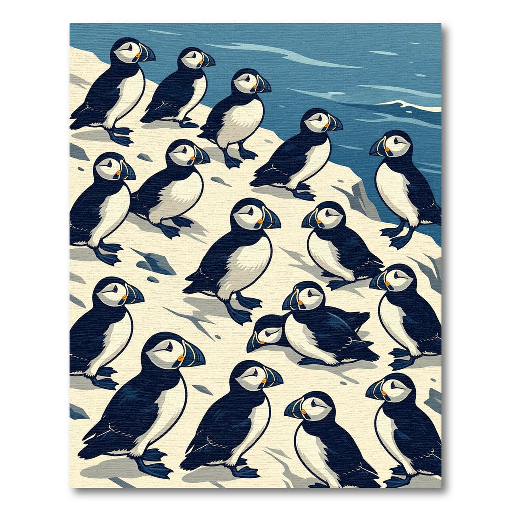 Whimsical Navy Blue Puffin Flock Rug