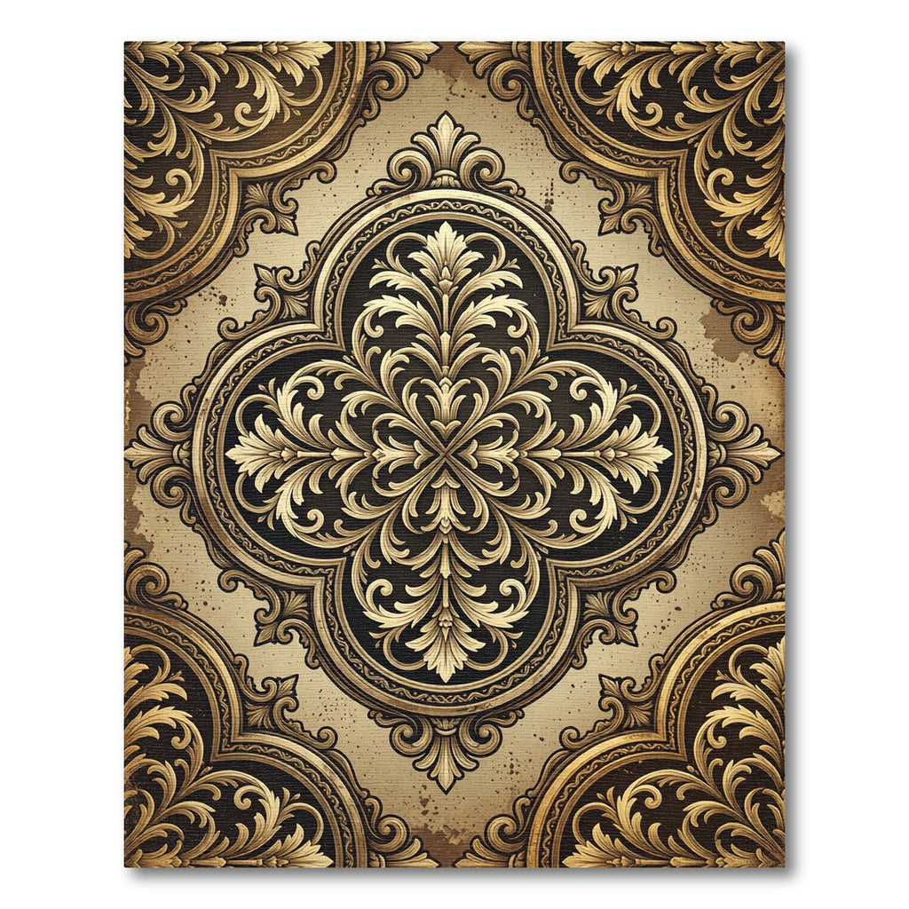Ornate Golden Damask Floral Medallion Rug