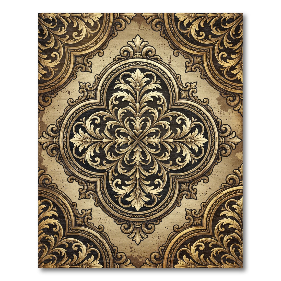 Ornate Golden Damask Floral Medallion Rug