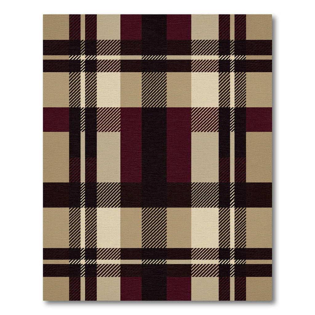 Classic Burgundy Tan Plaid Squares Rug