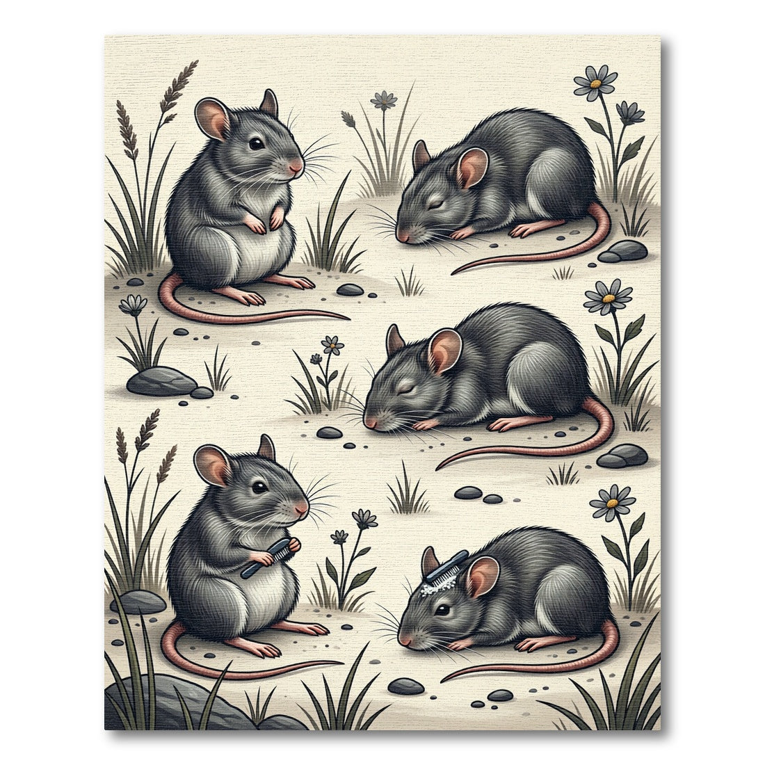 Whimsical Gray Mouse Meadow Illustration Rug