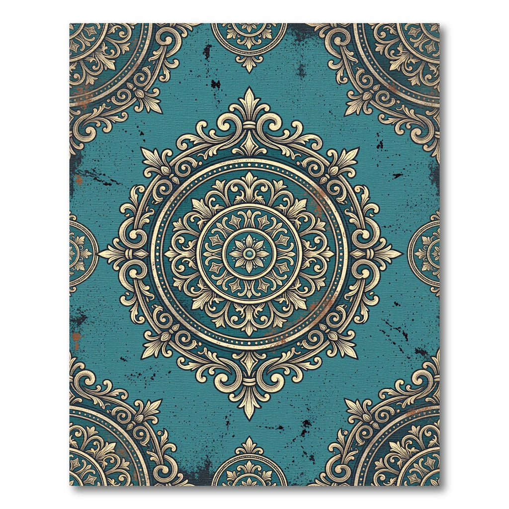 Ornate Teal Gold Medallion Rug