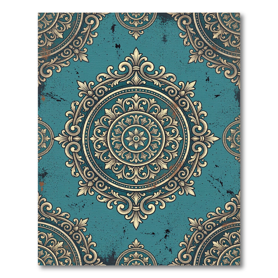 Ornate Teal Gold Medallion Rug
