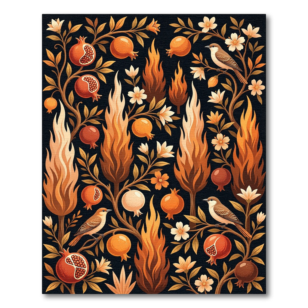 Earthy Pomegranate and Flame Botanical Artwork Rug