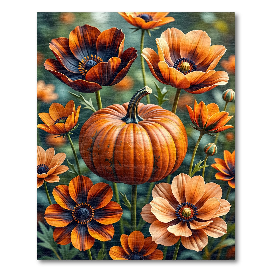Vibrant Autumn Pumpkin Orange Floral Art Rug