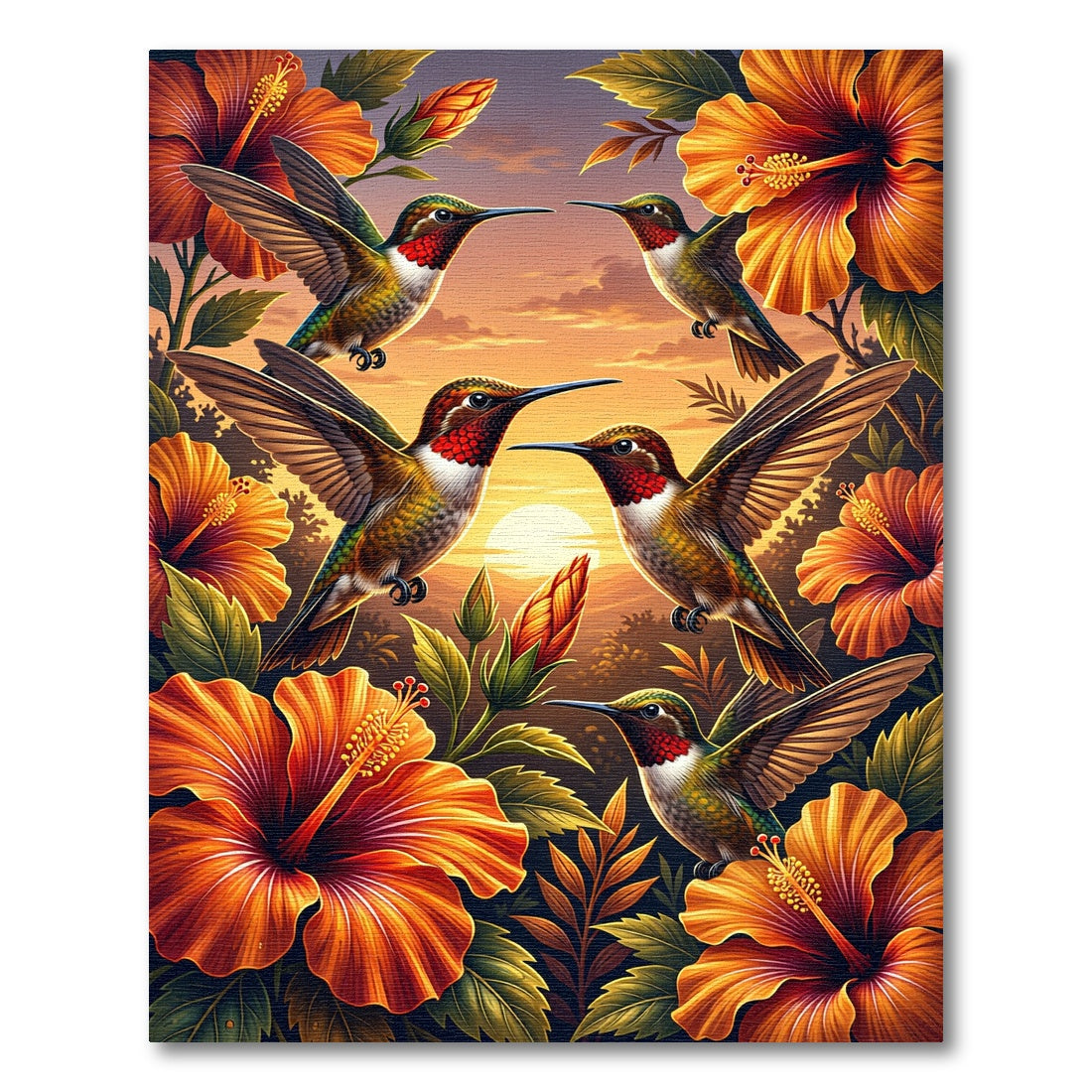 Vibrant Sunset Hummingbird Floral Art Rug
