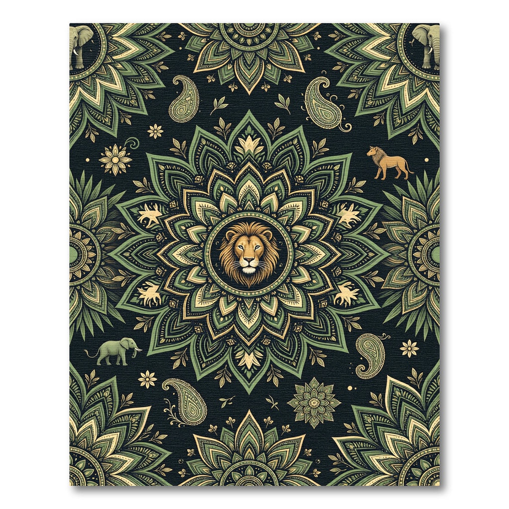 Ornate Sage Lion Elephant Floral Medallion Rug