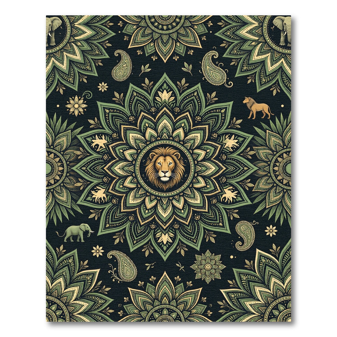 Ornate Sage Lion Elephant Floral Medallion Rug