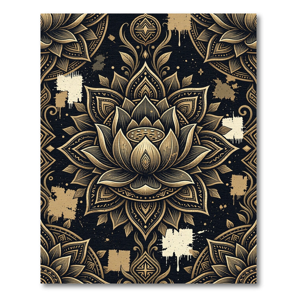 Golden Lotus Mandala Black Artistic Rug