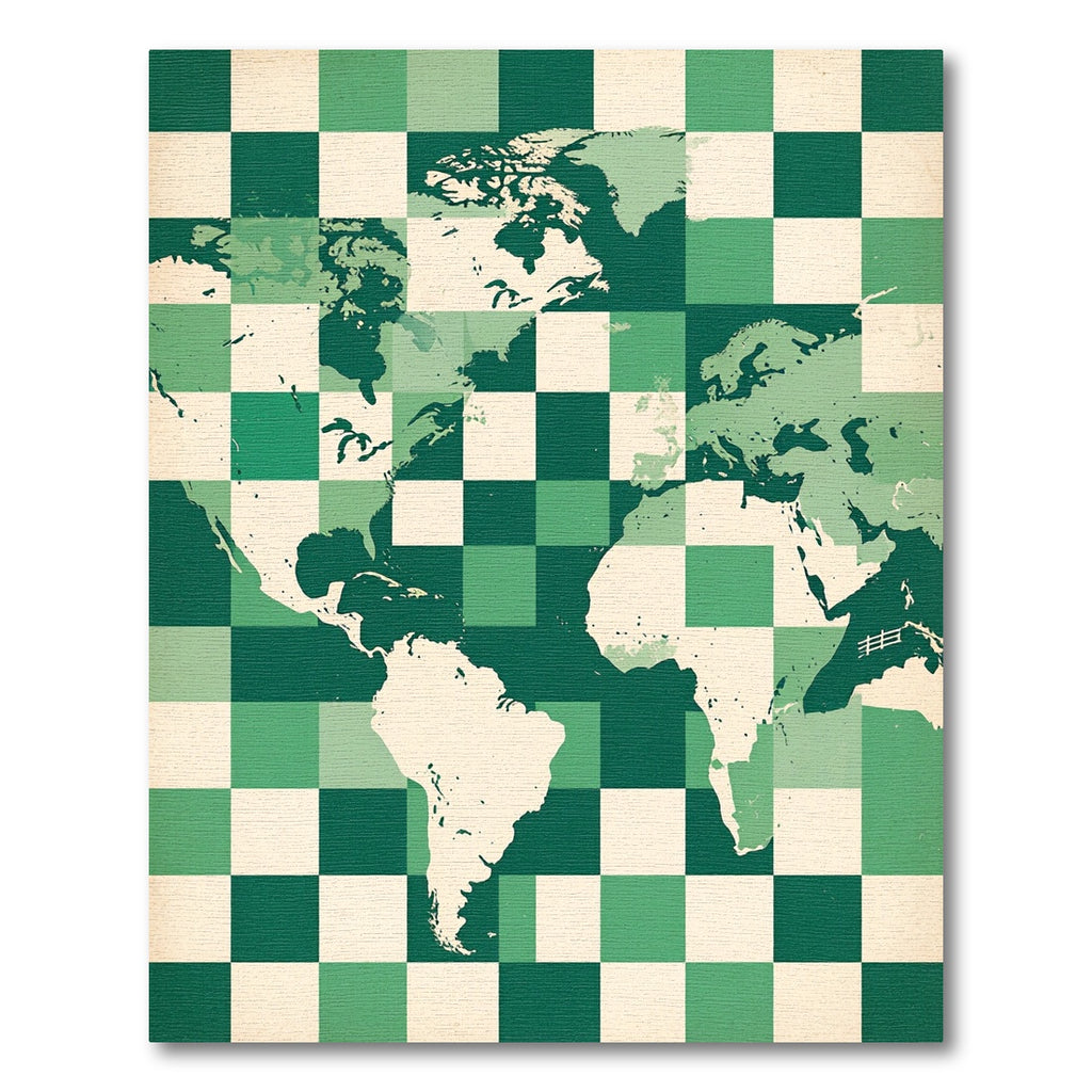 Green Checkered Global Map Illustration Rug