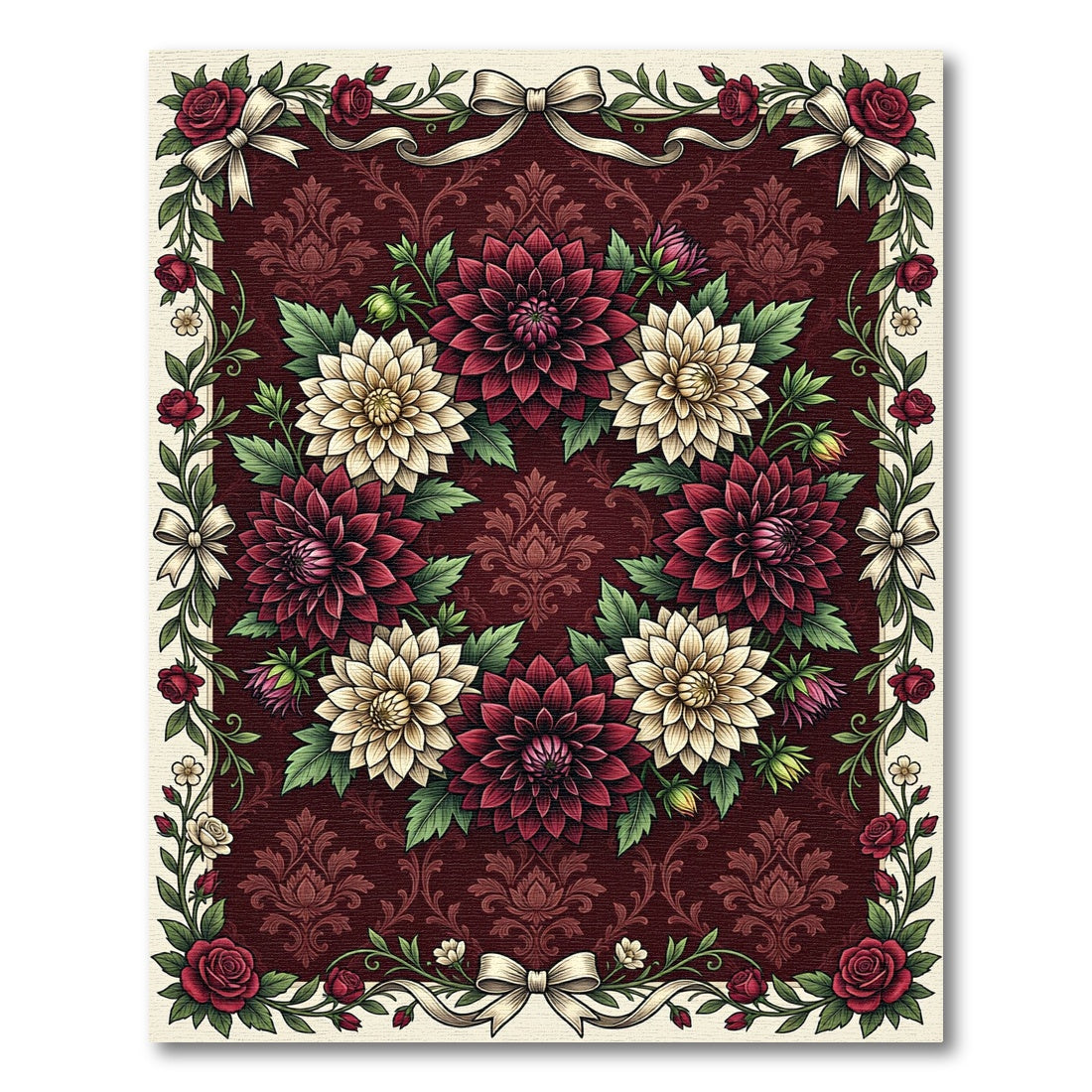 Crimson Floral Wreath With Cream Dahlias Rug