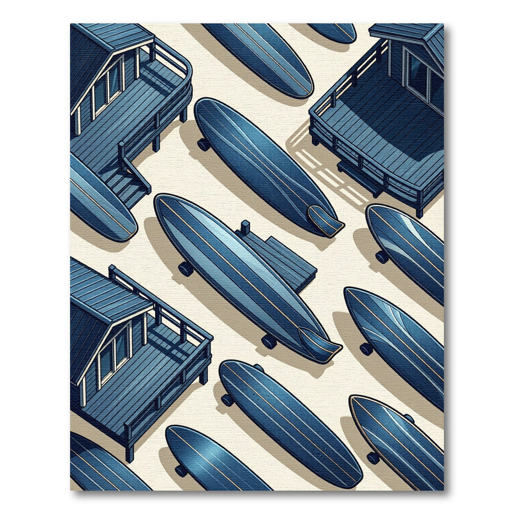 Coastal Navy Surfboard Isometric Illustration Rug