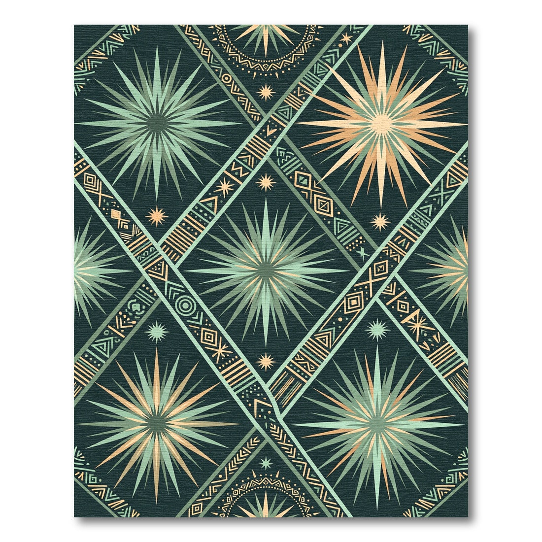 Teal Peach Sunburst Diamond Tribal Rug