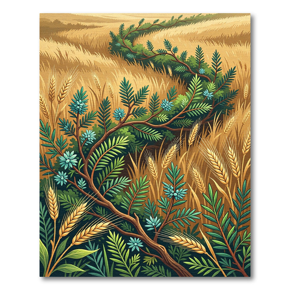 Golden Wheat and Teal Fern Foliage Rug
