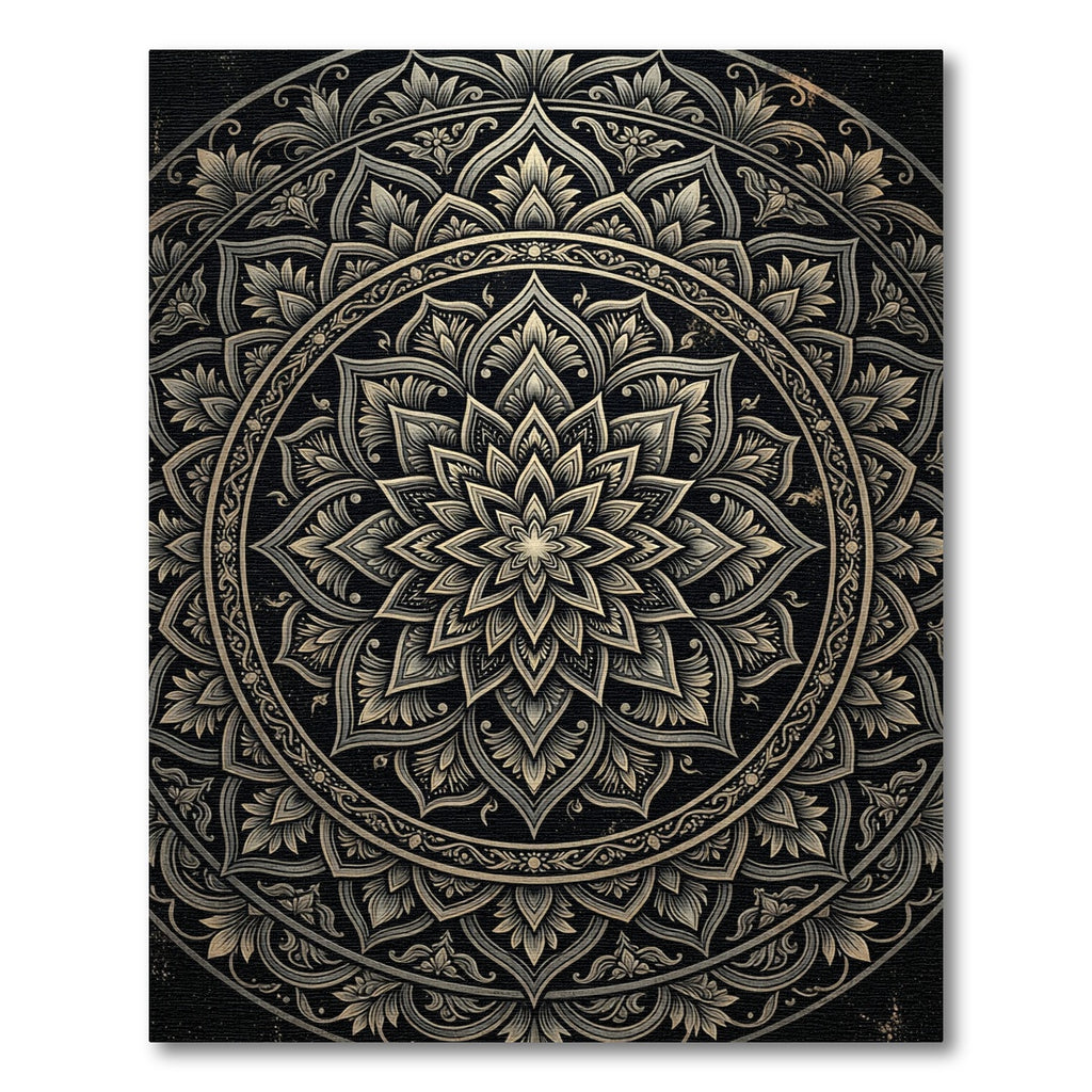 Intricate Golden Black Mandala Floral Rug