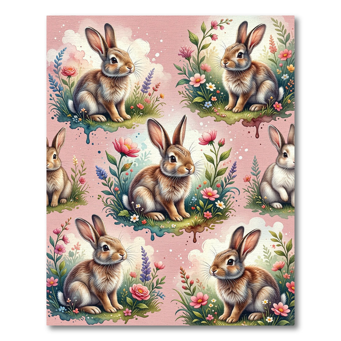 Whimsical Watercolor Bunny Floral Meadow Rug