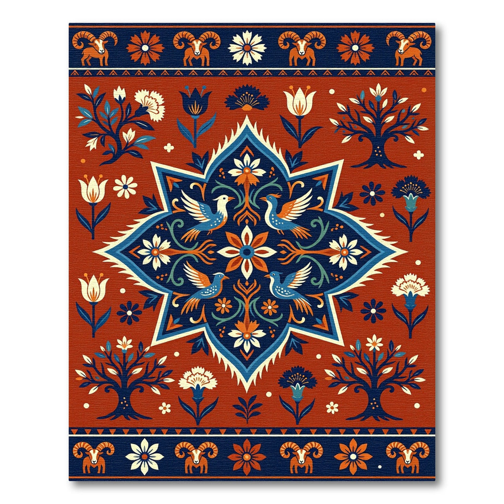 Terracotta Blue White Bird Floral Tree Rug