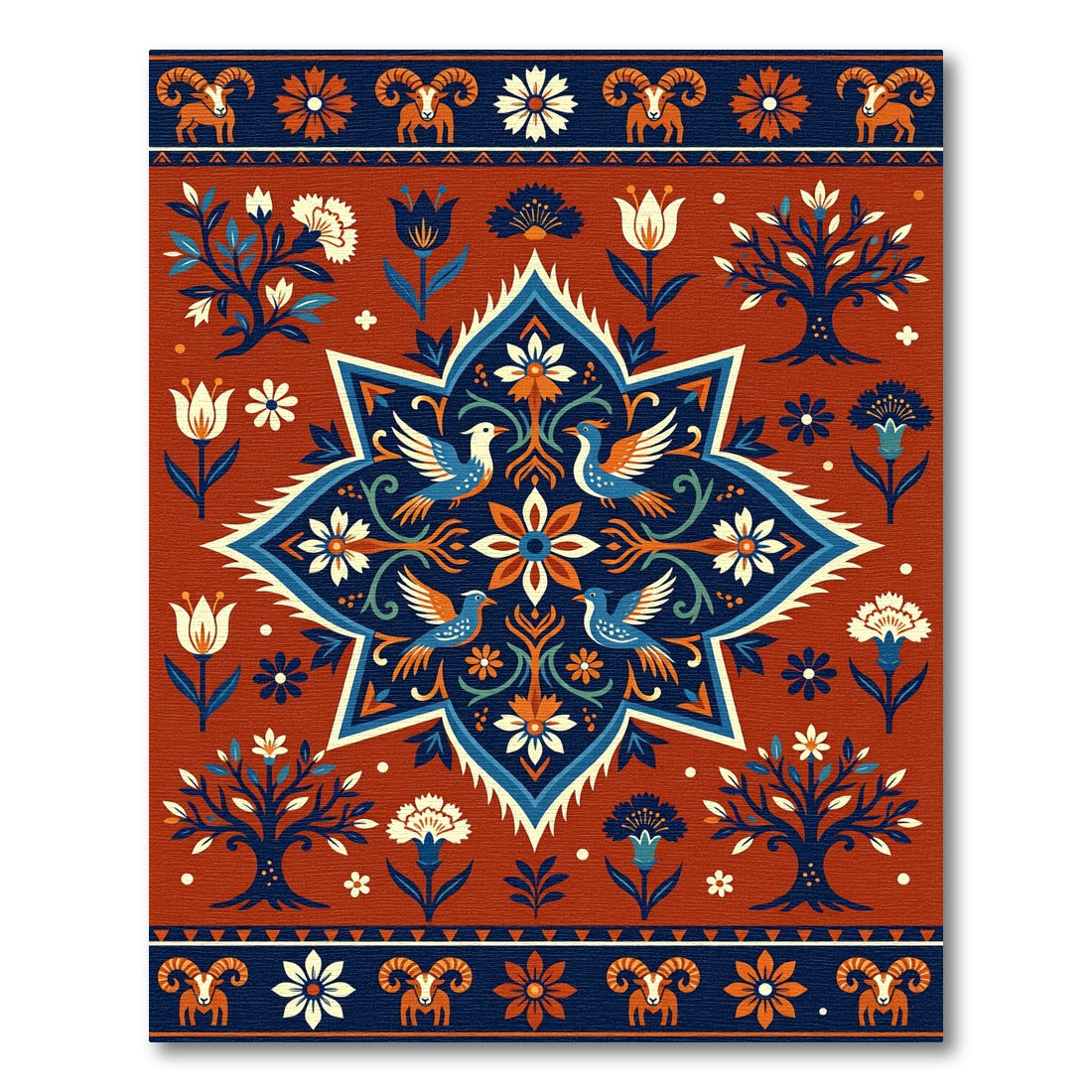 Terracotta Blue White Bird Floral Tree Rug