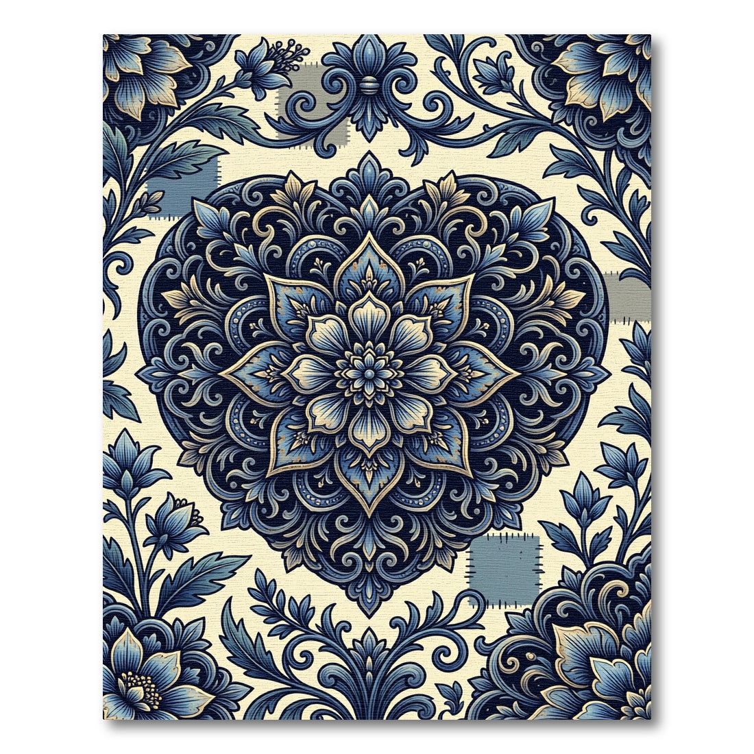 Deep Blue Floral Heart Medallion Rug