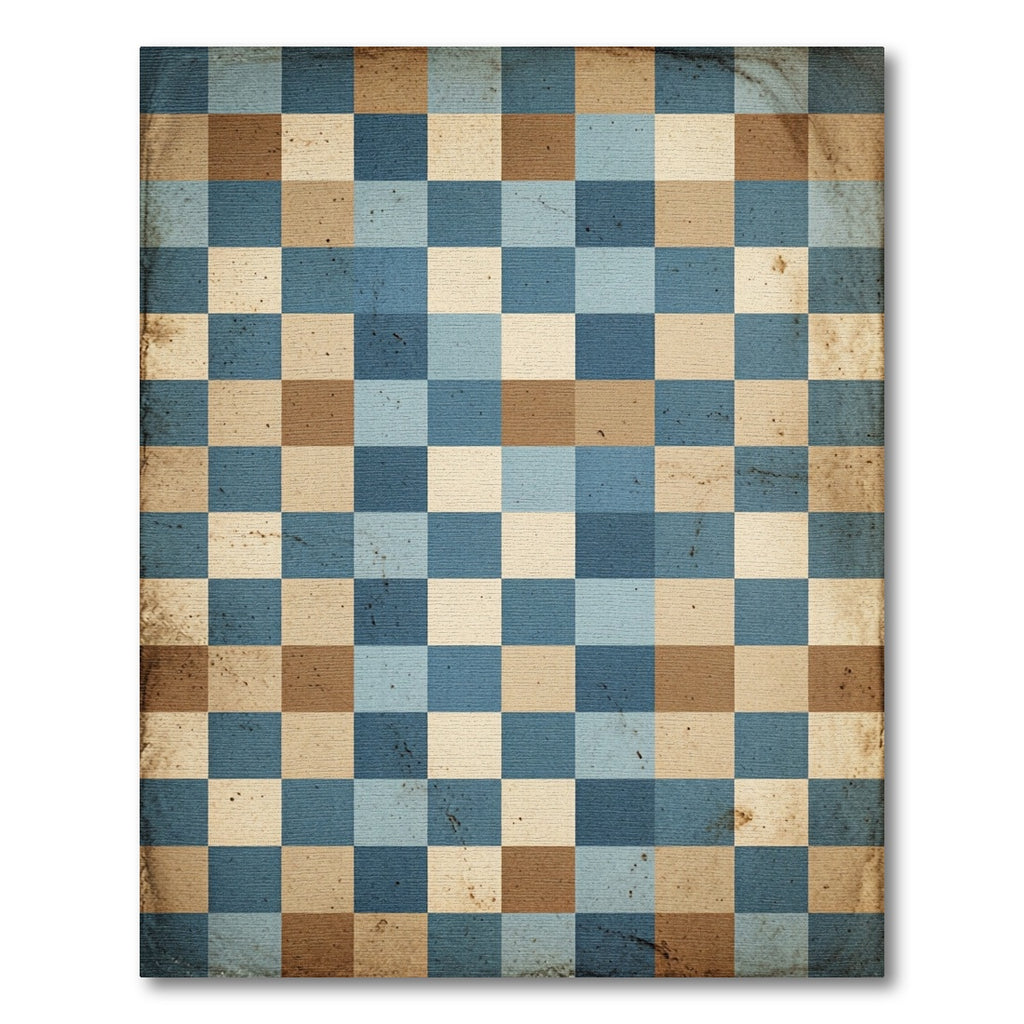Aged Blue Tan Checkerboard Grid Rug