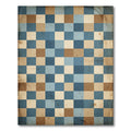 Aged Blue Tan Checkerboard Grid Rug