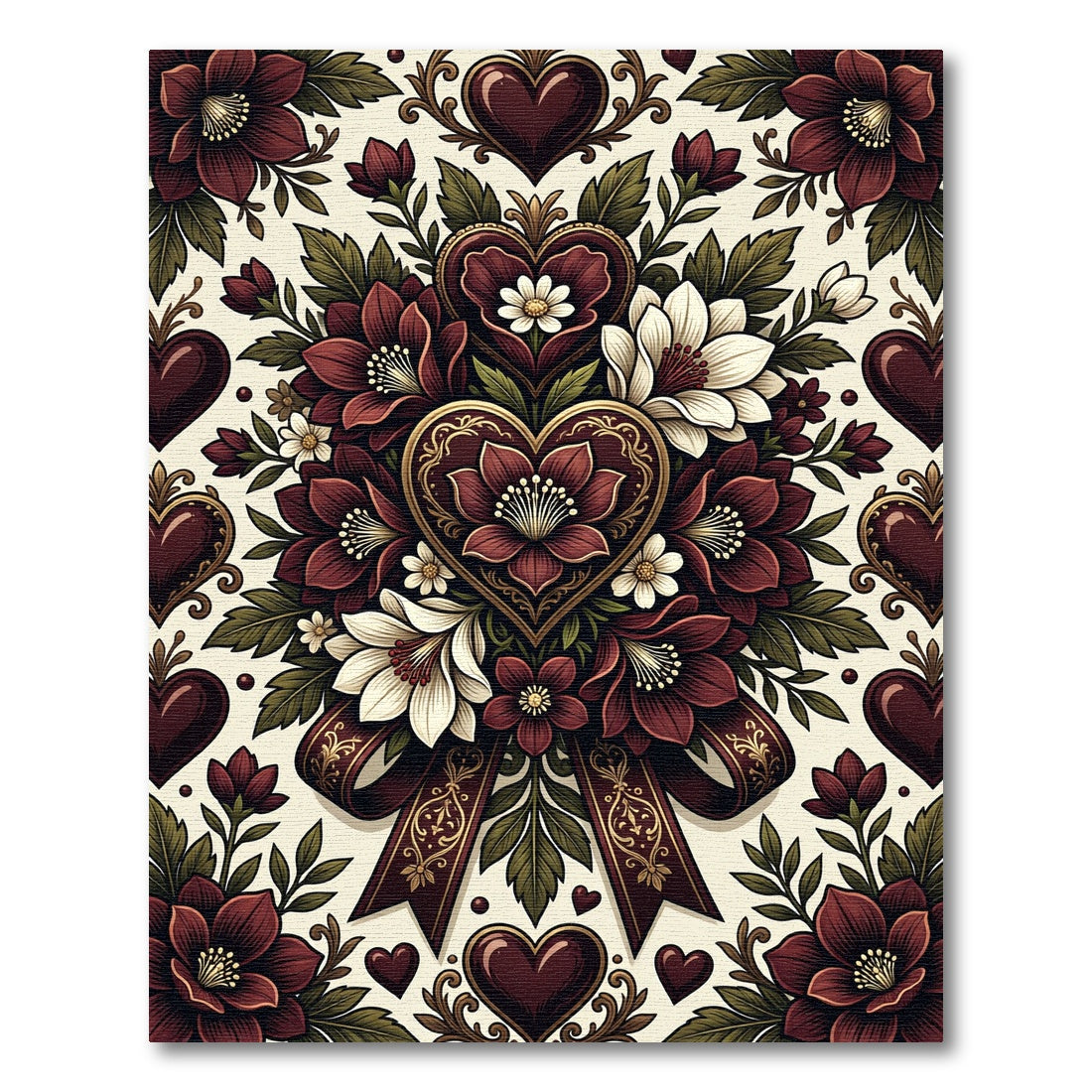 Burgundy Heart Floral Ribbon Display Rug