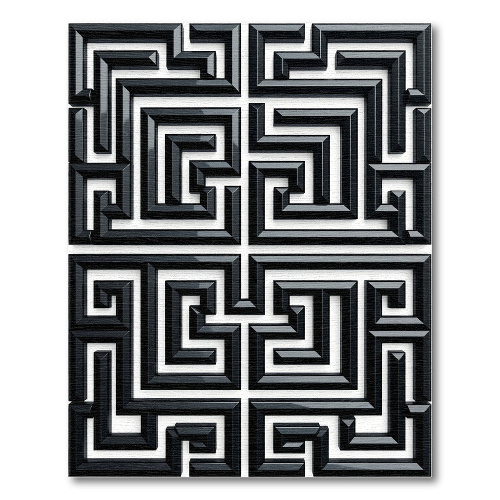 Black White Meandering Square Path Rug