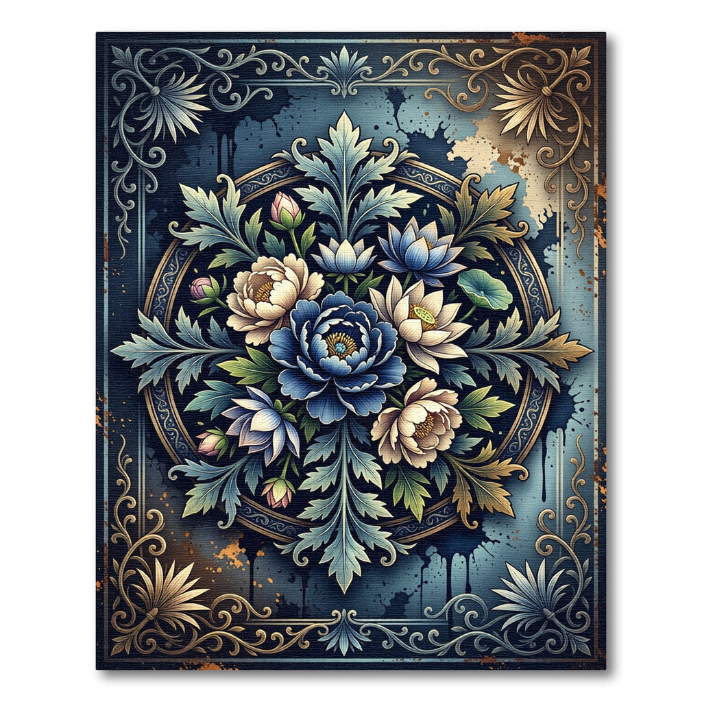 Blue Floral Medallion Botanical Illustration Rug