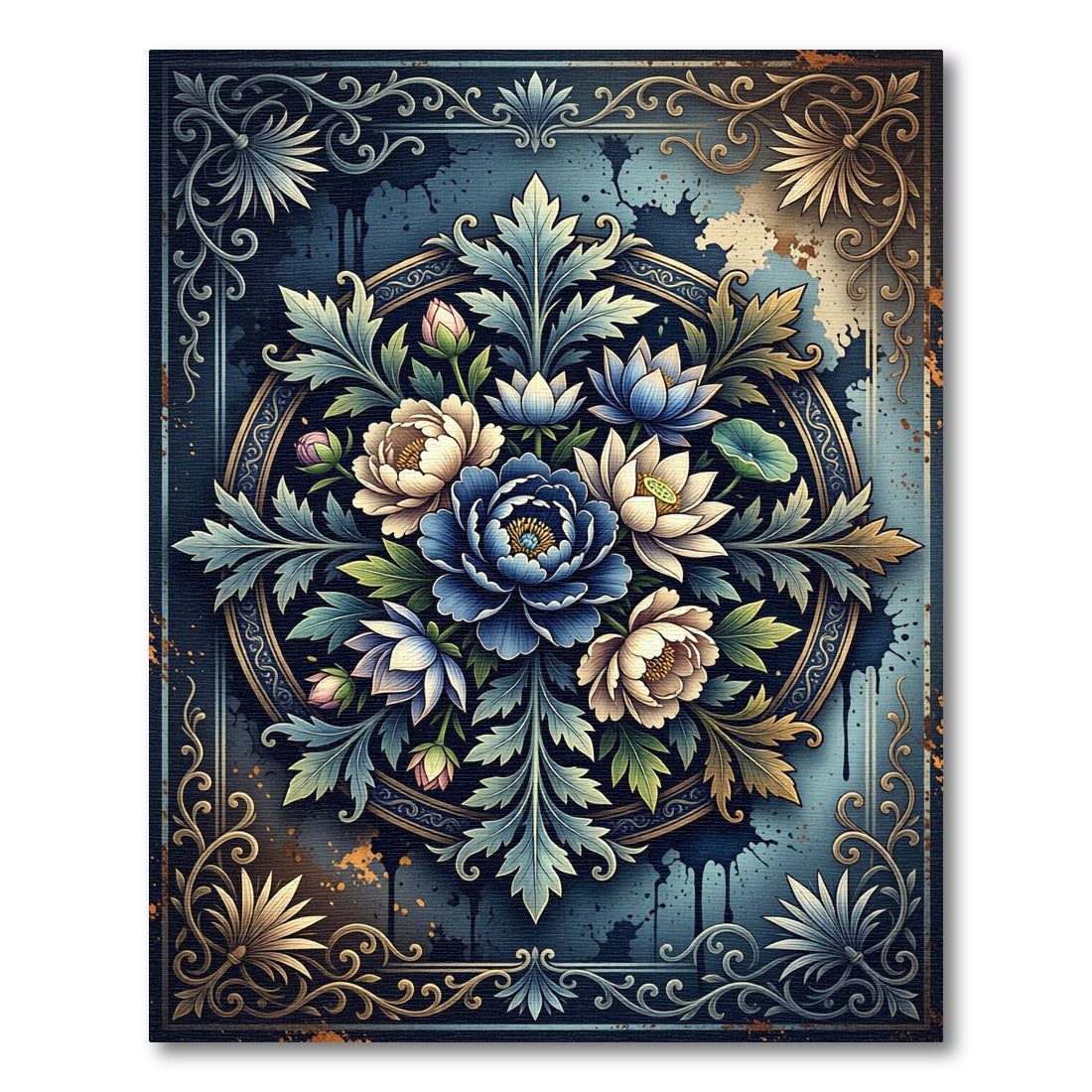 Blue Floral Medallion Botanical Illustration Rug
