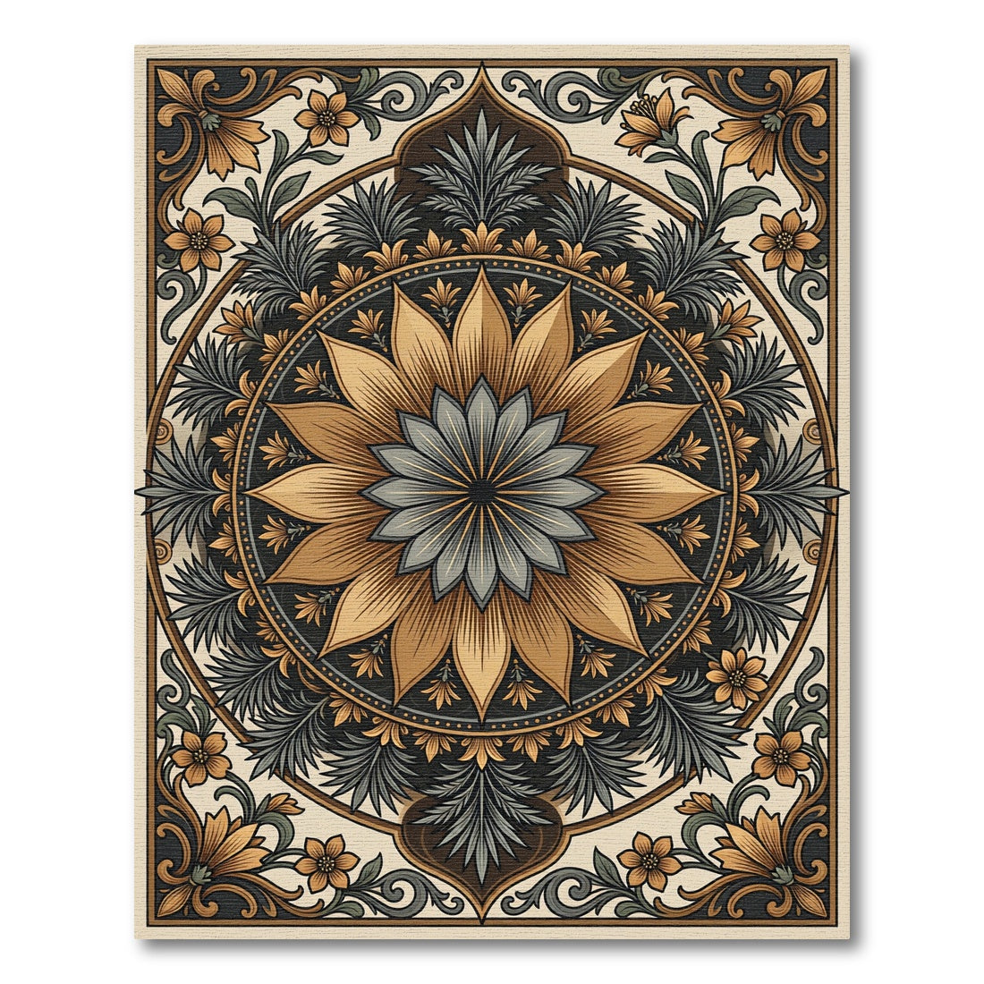 Golden Floral Medallion Art Nouveau Rug