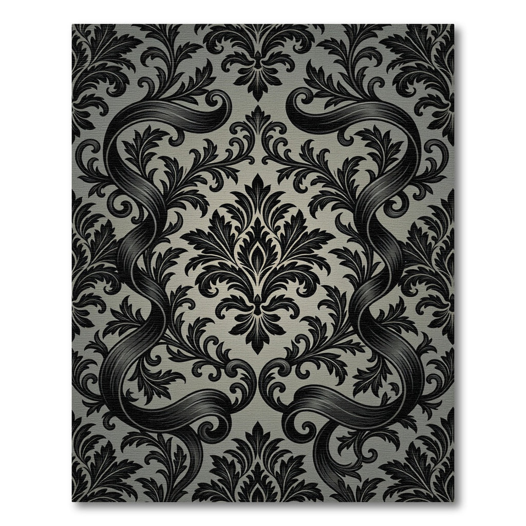 Elegant Black Damask Baroque Scroll Rug